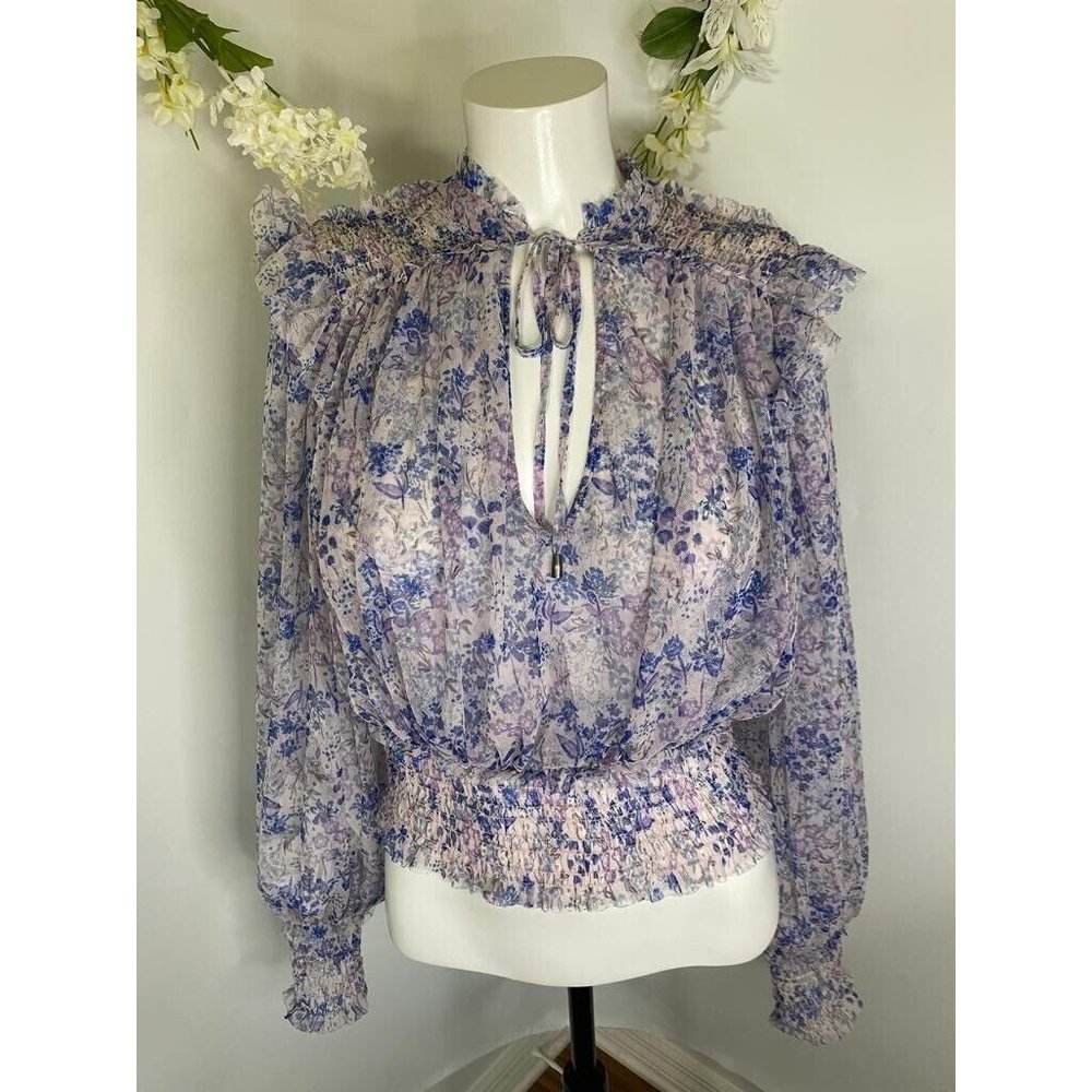 Free People Sheer Cropped Tie Floral‎ Twyla Print Top Purple Blue Sz M Boho NWOT